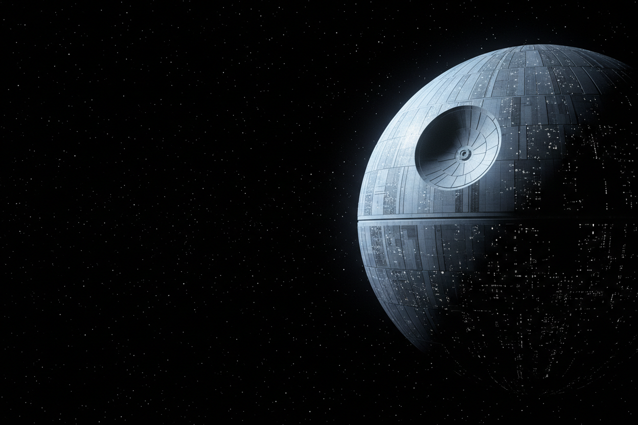 black background with white stars only. the Death Star emerging from darkness being a big part of the picture (not the whole Death Star in frame)